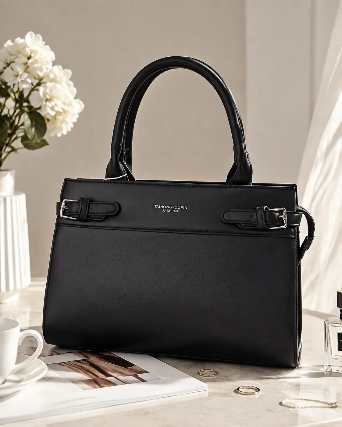 Belted Structured Handbag classic black structured leather crossbody bag, front view