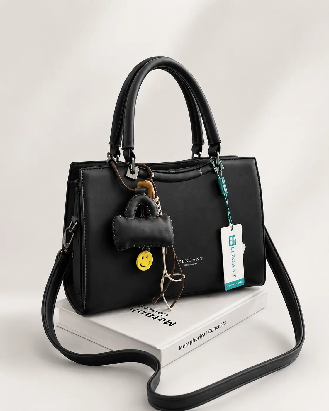 Charm Trim Tote Bag black handbag, front view