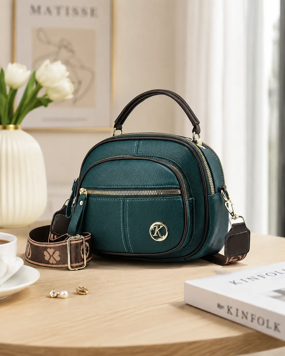 Domed Multi-Pocket Crossbody Bag emerald green woven crossbody bag, front view
