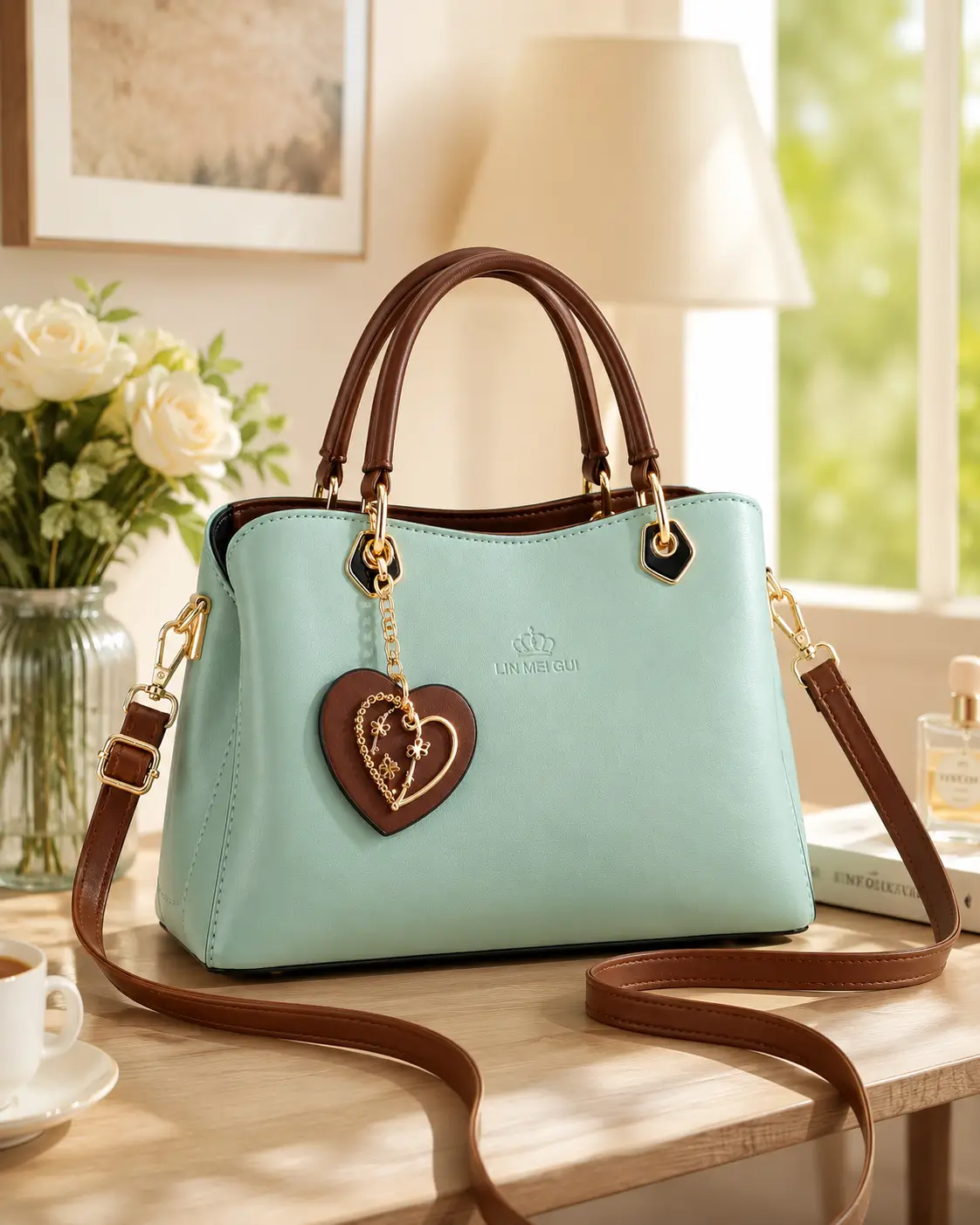 Heart Charm Top Handle Handbag mint green crossbody bag, front view