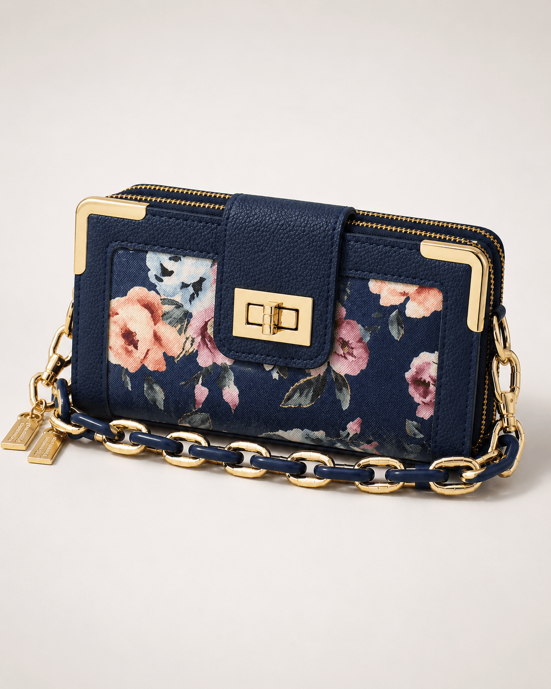 Floral Chain Clutch Wallet navy woven clutch bag, front view