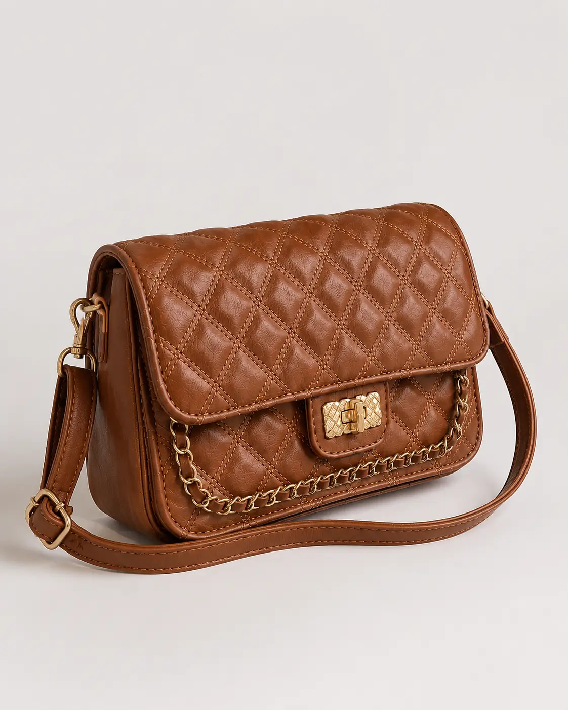 Quilted Chain Shoulder Bag tan quilted crossbody bag, front view