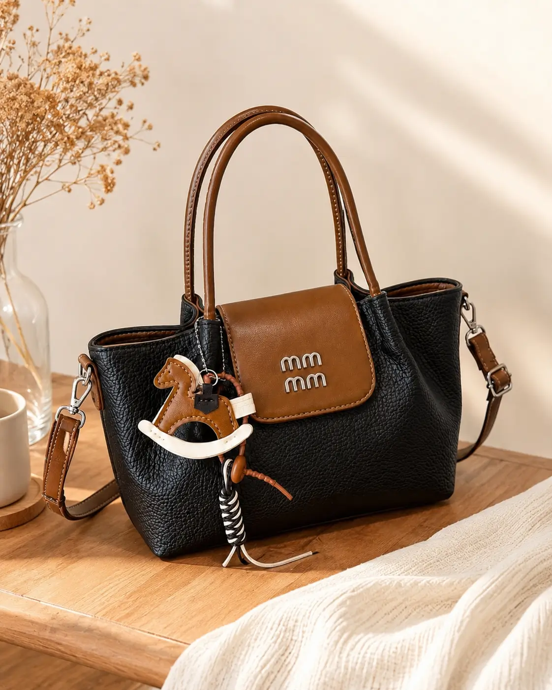 Rocking Horse Charm Mini Tote black braided leather tote bag, front view