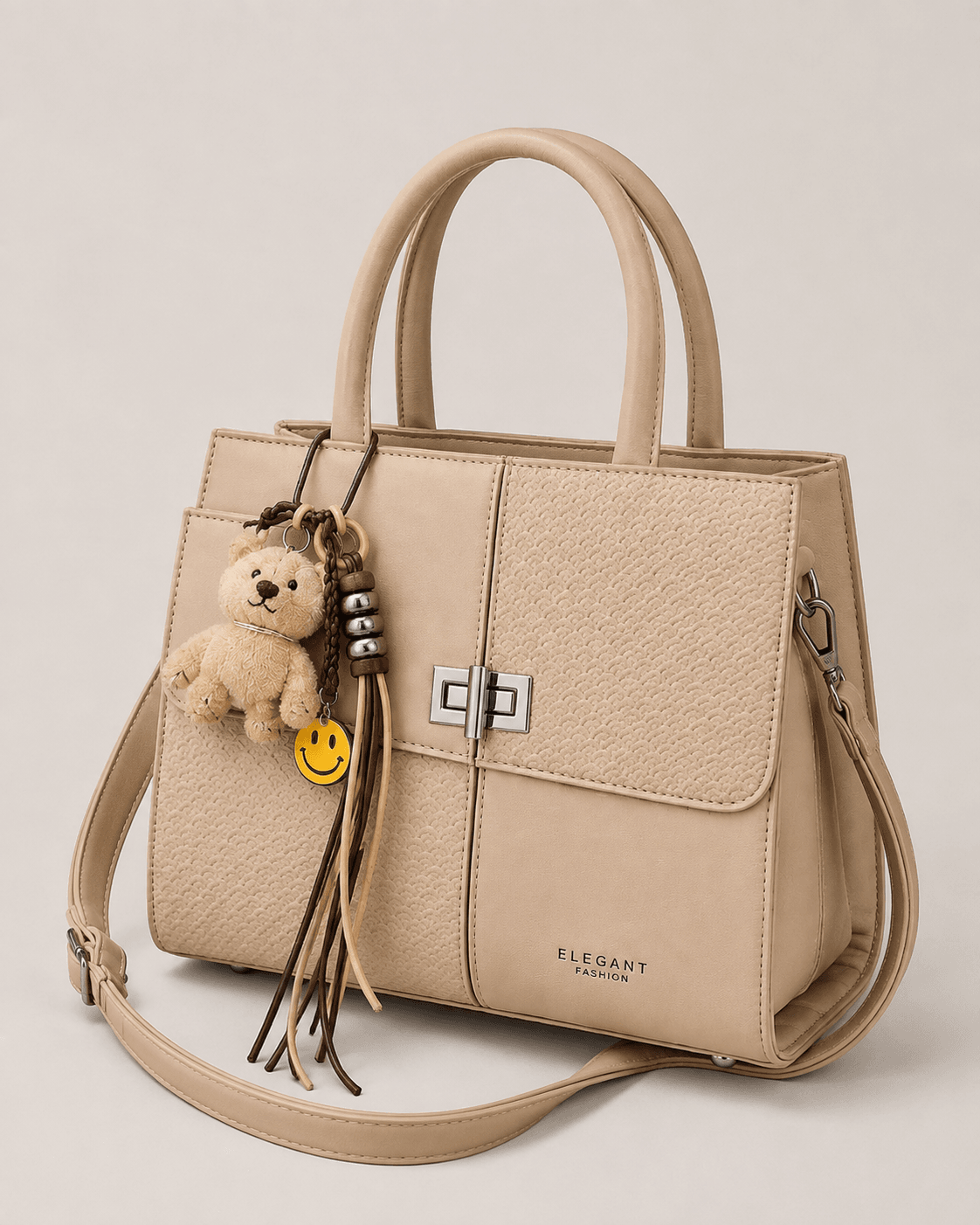 Scalloped Turn Lock Handbag taupe handbag, front view
