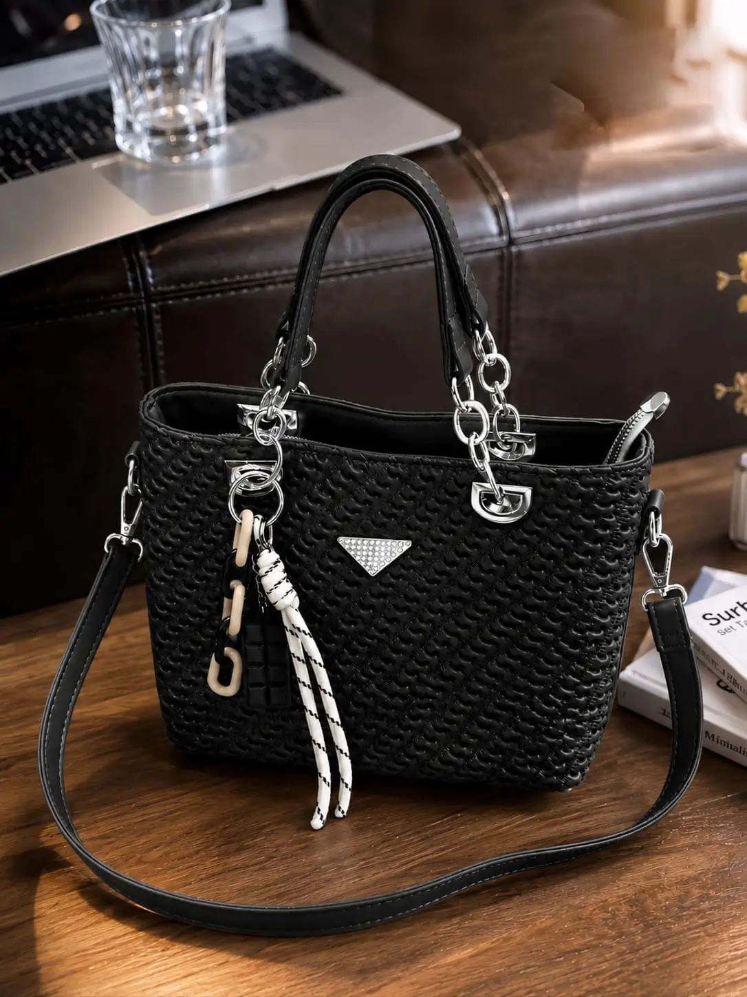 Structured Woven Tote Bag woven leather crossbody bag, front view