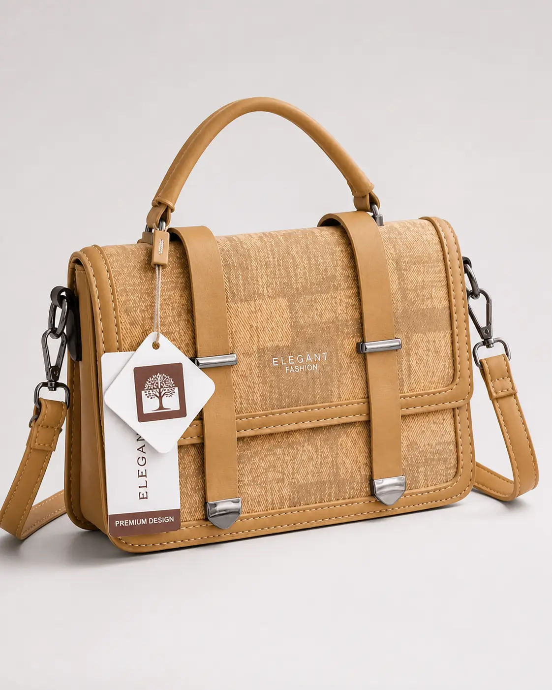 Tweed Buckle Satchel Bag camel crossbody bag, front view