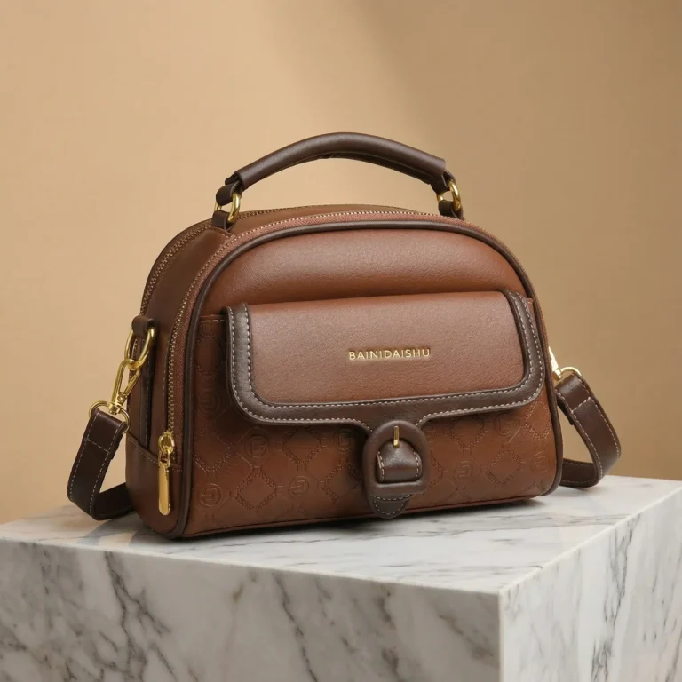 Stylish brown crossbody handbag with adjustable strap and embossed design