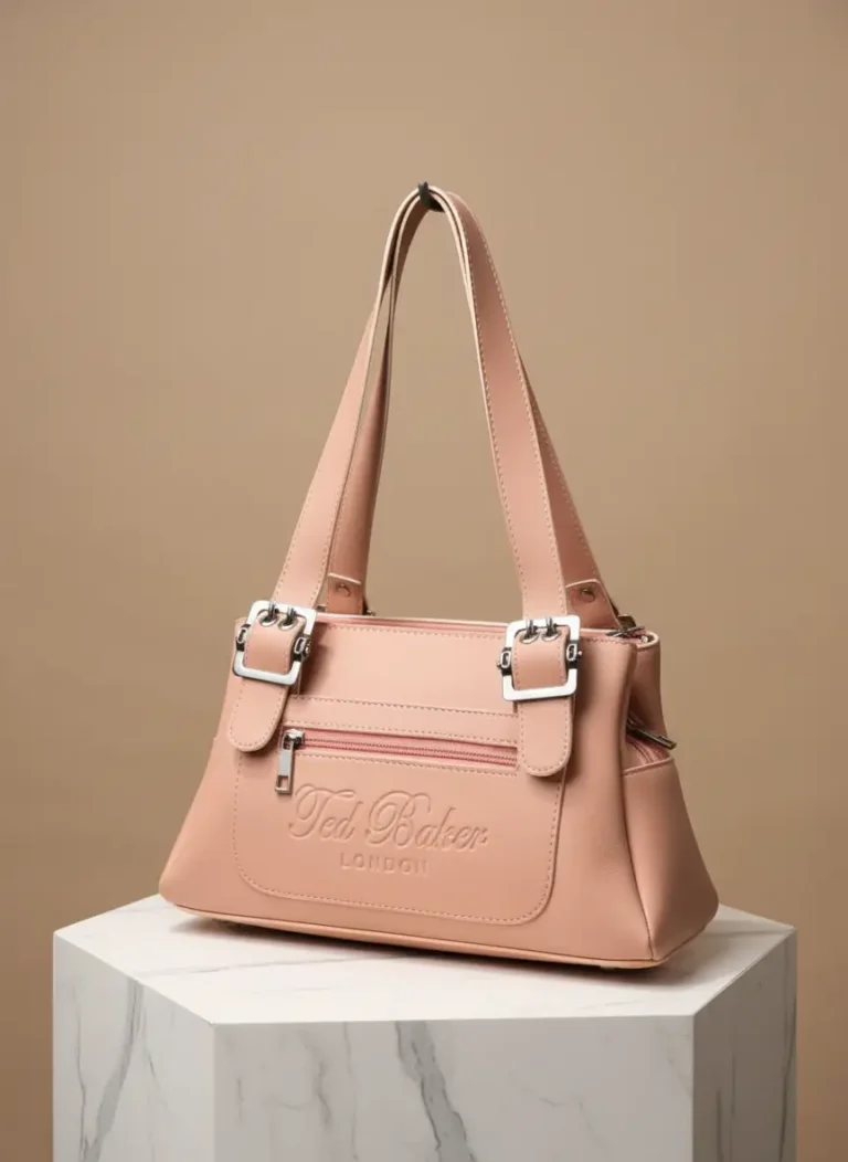 Pink big size bag with multiple compartments and long strap for women