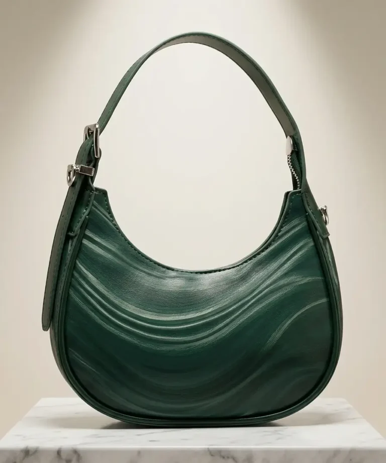 Forest green quilted hobo bag with silver triangle logo and shoulder strap - Elixir