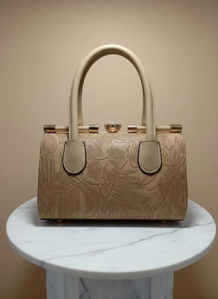 Cream beige handbags for women Pakistan - embossed botanical frame bag with crystal clasp