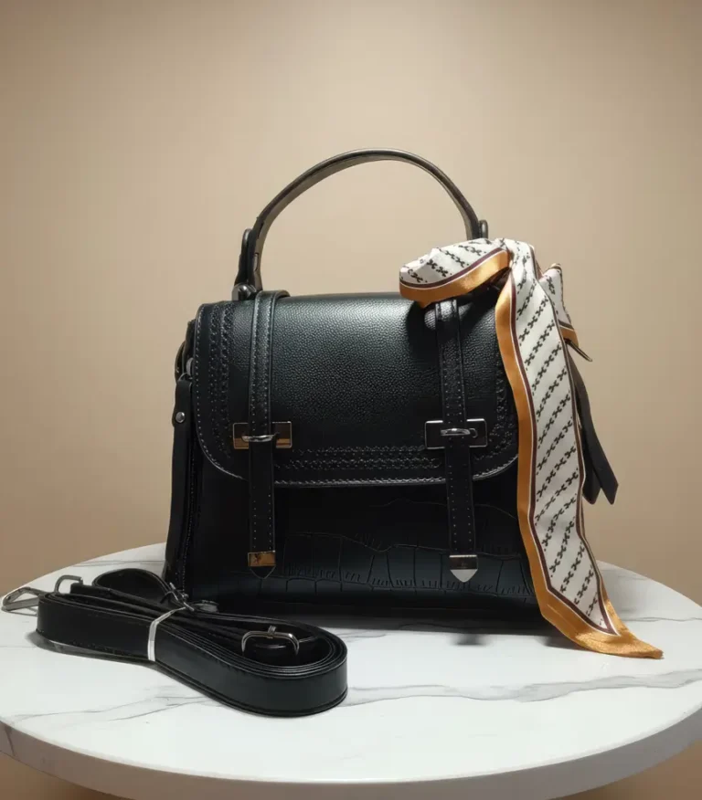 Black croc-embossed satchel with double buckle straps - premium limelight bags style